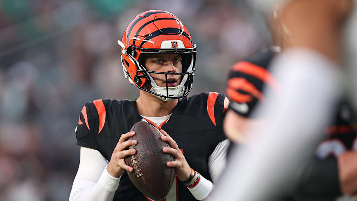 Aug 7, 2025; Philadelphia, Pennsylvania, USA; Cincinnati Bengals quarterback Joe Burrow (9) drops back to pass against the Philadelphia Eagles during the first quarter at Lincoln Financial Field. Mandatory Credit: Bill Streicher-Imagn Images