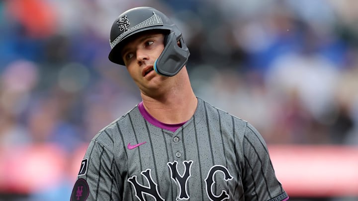 Jun 14, 2025; New York City, New York, USA; New York Mets first baseman Pete Alonso (20) reacts during the second inning against the Tampa Bay Rays at Citi Field. Mandatory Credit: Brad Penner-Imagn Images