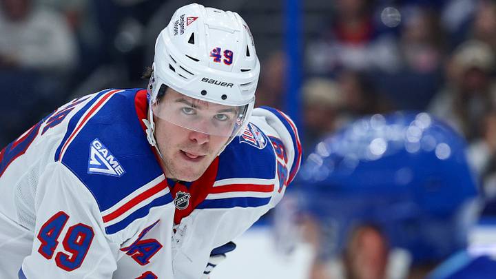 Apr 15, 2026; Tampa, Florida, USA; New York Rangers right wing Jaroslav Chmelar (49) looks on against the Tampa Bay Lightning in the second period at Benchmark International Arena. Mandatory Credit: Nathan Ray Seebeck-Imagn Images Apr 15, 2026; Tampa, Florida, USA; New York Rangers right wing Jaroslav Chmelar (49) looks on against the Tampa Bay Lightning in the second period at Benchmark International Arena. Mandatory Credit: Nathan Ray Seebeck-Imagn Images