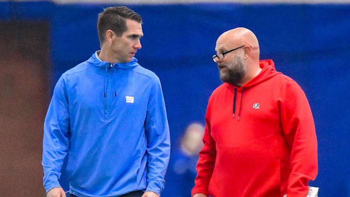 Jun 17, 2025; East Rutherford, NJ, USA; New York Giants general manager Joe Schoen (left) and head coach Brian Daboll talk during minicamp at Quest Diagnostics Training Center. Jun 17, 2025; East Rutherford, NJ, USA; New York Giants general manager Joe Schoen (left) and head coach Brian Daboll talk during minicamp at Quest Diagnostics Training Center.