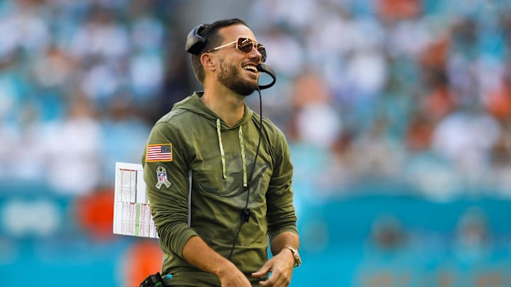 Nov 13, 2022; Miami Gardens, Florida, USA; Miami Dolphins head coach Mike McDaniel reacts on the sideline during the first quarter against the Cleveland Browns at Hard Rock Stadium. Mandatory Credit: Sam Navarro-Imagn Images