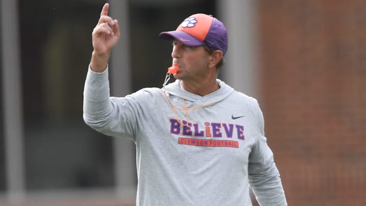 Clemson head coach Dabo Swinney during Spring Practice in Clemson, S.C. Monday, March 24, 2025