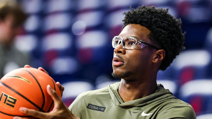 Nov 11, 2025; Tucson, Arizona, USA; Arizona Wildcats guard Bryce James (6) warms up before the start of the game against the Northern Arizona Lumberjacks at McKale Memorial Center. Mandatory Credit: Aryanna Frank-Imagn Images