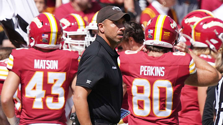 Iowa State head coach Matt Campbell reacts after a call during the second quarter against Iowa in the Cy-Hawk Series at Jack Trice Stadium on Sept. 6, 2025, in Ames, Iowa