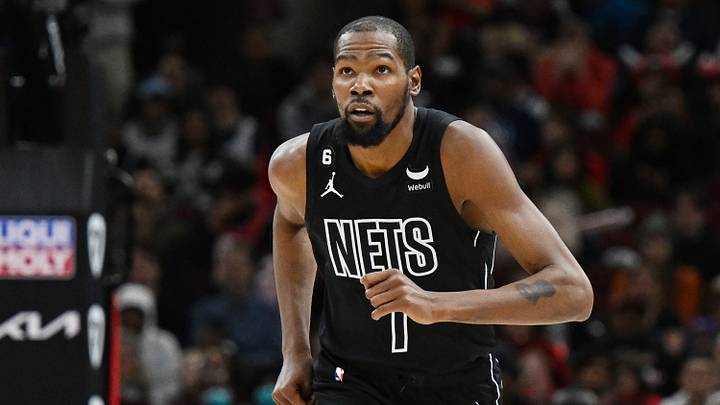 Jan 4, 2023; Chicago, Illinois, USA; Brooklyn Nets forward Kevin Durant (7) reacts after making a three-point basket in the first half against the Chicago Bulls at United Center. Mandatory Credit: Quinn Harris-USA TODAY Sports Jan 4, 2023; Chicago, Illinois, USA; Brooklyn Nets forward Kevin Durant (7) reacts after making a three-point basket in the first half against the Chicago Bulls at United Center. Mandatory Credit: Quinn Harris-USA TODAY Sports