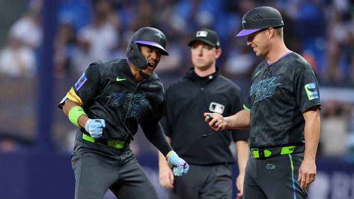Aug 29, 2026; St. Petersburg, Florida, USA; Tampa Bay Rays left fielder Chandler Simpson (14) reacts after hitting a rbi single against the San Diego Padres in the seventh inning at Tropicana Field. Mandatory Credit: Nathan Ray Seebeck-Imagn Images Aug 29, 2026; St. Petersburg, Florida, USA; Tampa Bay Rays left fielder Chandler Simpson (14) reacts after hitting a rbi single against the San Diego Padres in the seventh inning at Tropicana Field. Mandatory Credit: Nathan Ray Seebeck-Imagn Images