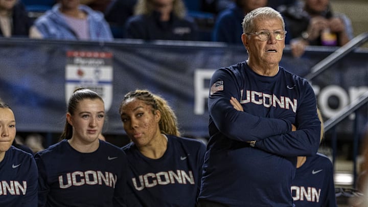 Nov 4, 2025; Annapolis, Maryland, USA  UConn Huskies head coach Geno Auriemma looks onto the court during the first half against the Louisville Cardinals at Alumni Hall on United States Naval Academy. Mandatory Credit: Tommy Gilligan-Imagn Images