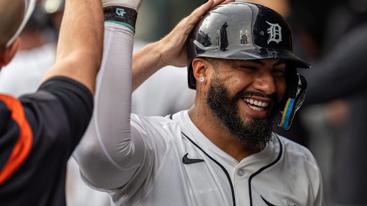 Detroit Tigers second baseman Gleyber Torres celebrates in the dugout after scoring a home run against the Athletics at Comerica Park in Detroit on Thursday, June 26, 2025.