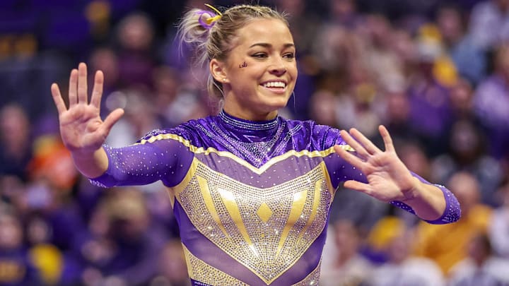 LSU’s Livvy Dunne competes on the floor during NCAA, College League, USA Gymnastics action between the Florida Gators and the LSU Tigers at the Pete Maravich Assembly Center.