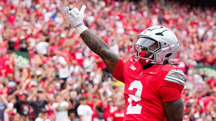 Ohio State Buckeyes running back Legend Bey (2) celebrates after scoring a touchdown in the second half of the NCAA football game at Ohio Stadium on Sept. 5, 2026 in Columbus, Ohio. Ohio State Buckeyes running back Legend Bey (2) celebrates after scoring a touchdown in the second half of the NCAA football game at Ohio Stadium on Sept. 5, 2026 in Columbus, Ohio.