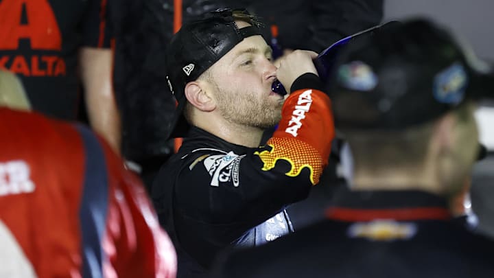 Feb 16, 2025; Daytona Beach, Florida, USA; NASCAR Cup Series driver William Byron (24) reacts after winning the Daytona 500 at Daytona International Speedway. Mandatory Credit: Peter Casey-Imagn Images