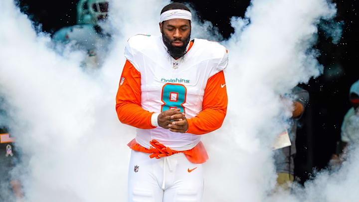 Nov 9, 2025; Miami Gardens, Florida, USA; Miami Dolphins outside linebacker Matthew Judon (8) runs on the field before a game against the Buffalo Bills at Hard Rock Stadium. Mandatory Credit: Jeff Romance-Imagn Images
