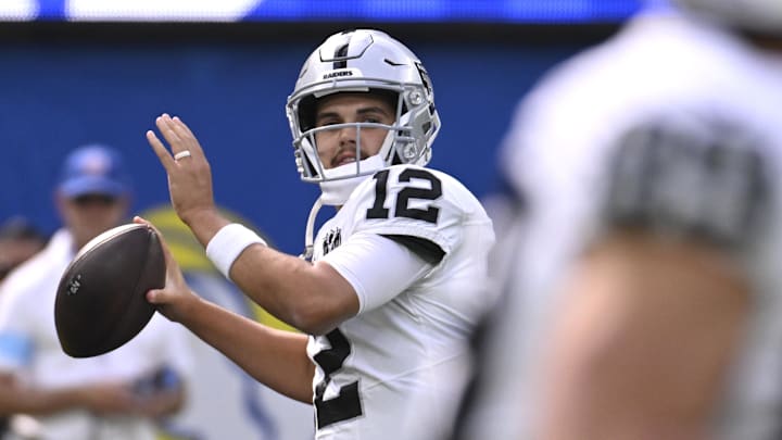 Oct 20, 2024; Inglewood, California, USA; Las Vegas Raiders quarterback Aidan O'Connell (12) throws a pass during warmups before the game against the Los Angeles Rams at SoFi Stadium. Mandatory Credit: Alex Gallardo-Imagn Images Oct 20, 2024; Inglewood, California, USA; Las Vegas Raiders quarterback Aidan O'Connell (12) throws a pass during warmups before the game against the Los Angeles Rams at SoFi Stadium. Mandatory Credit: Alex Gallardo-Imagn Images