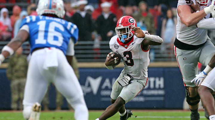 Nov 9, 2024; Oxford, Mississippi, USA; Georgia Bulldogs running back Nate Frazier (3) runs the ball during the first half against the Mississippi Rebels at Vaught-Hemingway Stadium. Mandatory Credit: Petre Thomas-Imagn Images