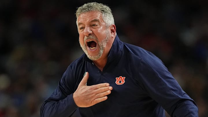 Apr 5, 2025; San Antonio, TX, USA; Auburn Tigers head coach Bruce Pearl reacts after a play against the Florida Gators during the second half in the semifinals of the men's Final Four of the 2025 NCAA Tournament at the Alamodome. Mandatory Credit: Bob Donnan-Imagn Images