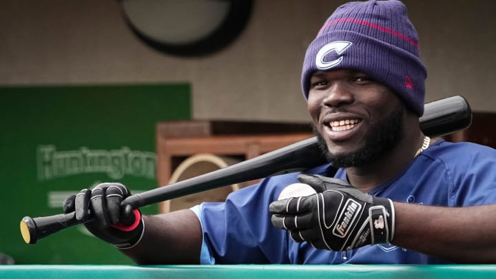 Mar 27, 2024; Columbus, Ohio, USA; Jhonkensy Noel waits for batting practice during a Columbus Clippers workout at Huntington Park.