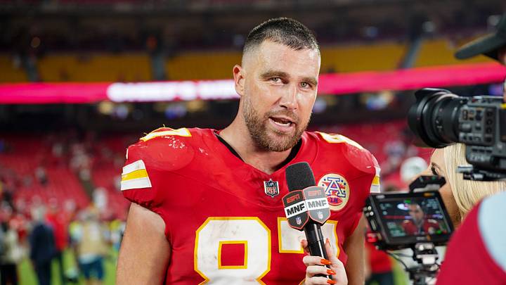 Sep 14, 2026; Kansas City, Missouri, USA; Kansas City Chiefs tight end Travis Kelce (87) speaks with media after the win over the Denver Broncos at GEHA Field at Arrowhead Stadium. Mandatory Credit: Denny Medley-Imagn Images Sep 14, 2026; Kansas City, Missouri, USA; Kansas City Chiefs tight end Travis Kelce (87) speaks with media after the win over the Denver Broncos at GEHA Field at Arrowhead Stadium. Mandatory Credit: Denny Medley-Imagn Images