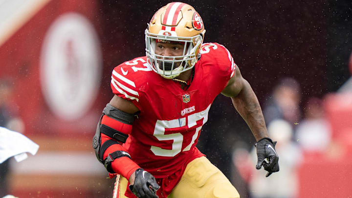 September 18, 2022; Santa Clara, California, USA; San Francisco 49ers linebacker Dre Greenlaw (57) during the third quarter against the Seattle Seahawks at Levi's Stadium. 