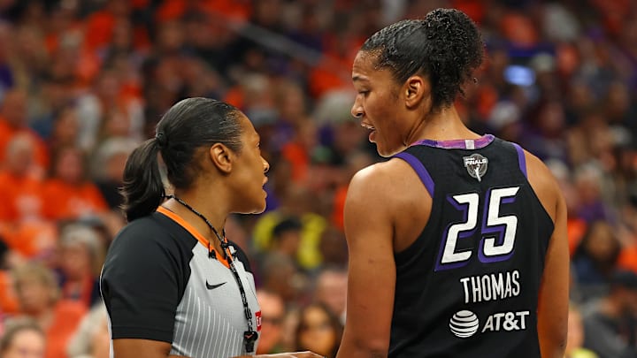 Oct 8, 2025; Phoenix, Arizona, USA; Phoenix Mercury forward Alyssa Thomas (25) reacts against the Las Vegas Aces in the first half during game three of the 2025 WNBA Finals at PHX Arena. Mandatory Credit: Mark J. Rebilas-Imagn Images