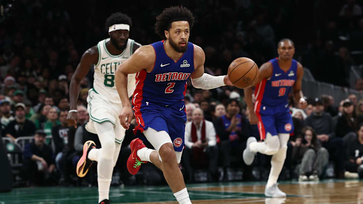 Dec 15, 2025; Boston, Massachusetts, USA; Detroit Pistons guard Cade Cunningham (2) brings the ball up the court against the Boston Celtics during the first quarter at TD Garden. Mandatory Credit: Winslow Townson-Imagn Images