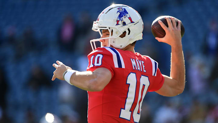 Dec 1, 2024; Foxborough, Massachusetts, USA;  New England Patriots quarterback Drake Maye (10) throws the ball during warmups prior to a game against the Indianapolis Colts at Gillette Stadium. Mandatory Credit: Bob DeChiara-Imagn Images