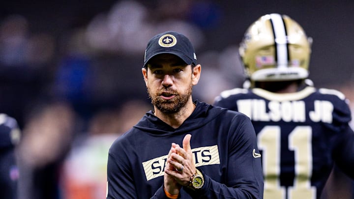 Sep 8, 2024; New Orleans, Louisiana, USA;  New Orleans Saints offensive coordinator Klint Kubiak reacts against the Carolina Panthers during the pregame at Caesars Superdome. Mandatory Credit: Stephen Lew-Imagn Images