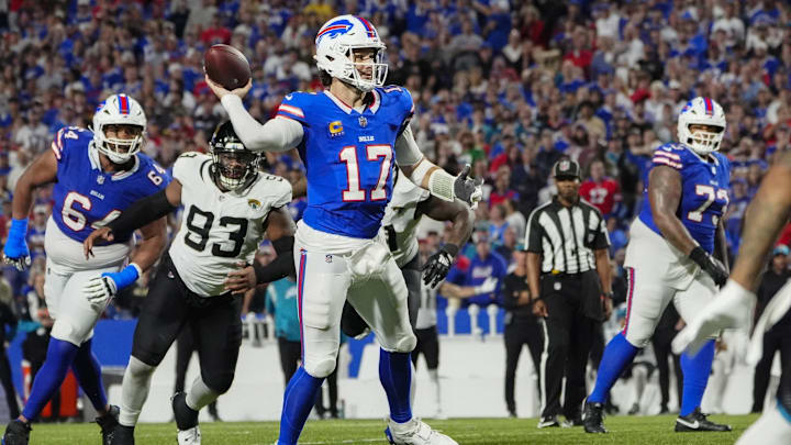 Buffalo Bills quarterback Josh Allen (17) throws against the Jacksonville Jaguars during the second half at Highmark Stadium.