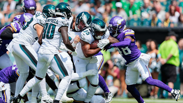 Aug 24, 2024; Philadelphia, Pennsylvania, USA; Philadelphia Eagles running back Tyrion Davis-Price (35) runs the ball during the first quarter against the Minnesota Vikings at Lincoln Financial Field. Mandatory Credit: Caean Couto-USA TODAY Sports