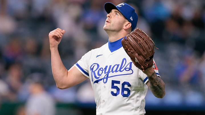 Sep 22, 2026; Kansas City, Missouri, USA; Kansas City Royals pitcher Alex Lange (56) reacts after a strike out during the eighth inning against the Chicago White Sox at Kauffman Stadium. Mandatory Credit: William Purnell-Imagn Images Sep 22, 2026; Kansas City, Missouri, USA; Kansas City Royals pitcher Alex Lange (56) reacts after a strike out during the eighth inning against the Chicago White Sox at Kauffman Stadium. Mandatory Credit: William Purnell-Imagn Images