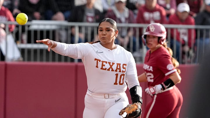 Texas utility Mia Scott (10) throws to first base during an NCAA softball game between Oklahoma (OU) and Texas at Love’s Field in Norman. Okla., on Saturday, April 26, 2025.