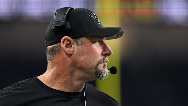 Jan 5, 2025; Detroit, Michigan, USA; Detroit Lions head coach Dan Campbell watches from the sidelines as the Lions play the Minnesota Vikings in the first quarter at Ford Field. Mandatory Credit: Lon Horwedel-Imagn Images