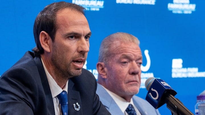 Shane Steichen, left, speaks at a press conference Tuesday, Feb. 14, 2023 announcing that he is the new Indianapolis Colts Head Coach. Colts Owner and CEO Jim Irsay and General Manager Chris Ballard introduced the new coach in the Gridiron Hall of the Indiana Farm Bureau Football Center.