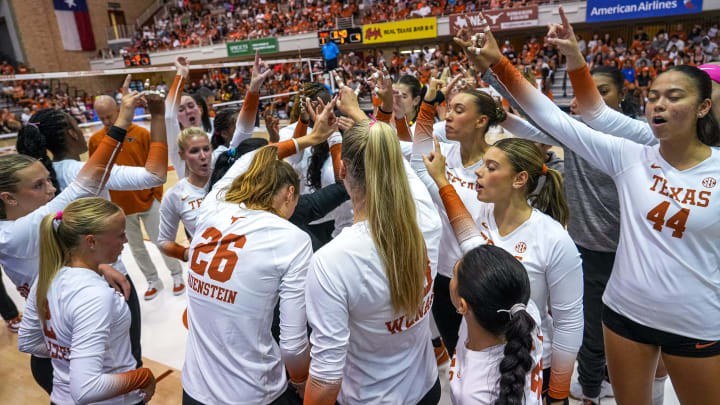 THe Texas Longhorns huddle during a timeout in the scrimmage volleyball match against UTSA at Gregory Gym on Saturday, Aug. 17, 2024 in Austin. THe Texas Longhorns huddle during a timeout in the scrimmage volleyball match against UTSA at Gregory Gym on Saturday, Aug. 17, 2024 in Austin.