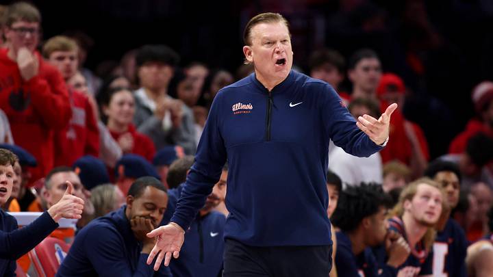 Dec 9, 2025; Columbus, Ohio, USA; Illinois Fighting Illini head coach Brad Underwood reacts to a call during the first half against the Ohio State Buckeyes Value City Arena. Mandatory Credit: Joseph Maiorana-Imagn Images