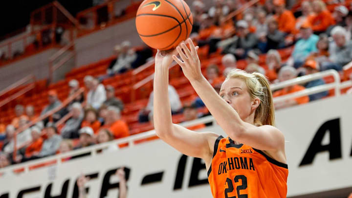 Oklahoma State guard Macey Huard (22) shoots a 3-pointer in the first quarter during an NCAA women’s basketball game between Oklahoma State and McNeese at Gallagher-Iba Arena in Stillwater, Okla., on Monday, Dec. 16, 2024.