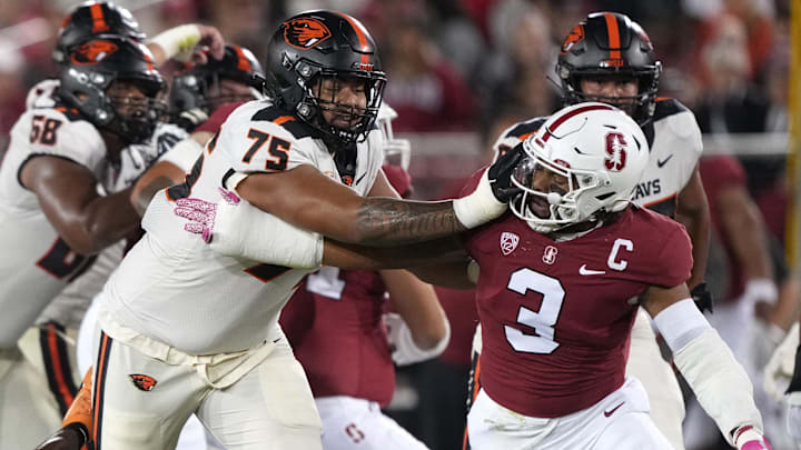 Oct 8, 2022; Stanford, California, USA; Oregon State Beavers offensive lineman Taliese Fuaga (75)