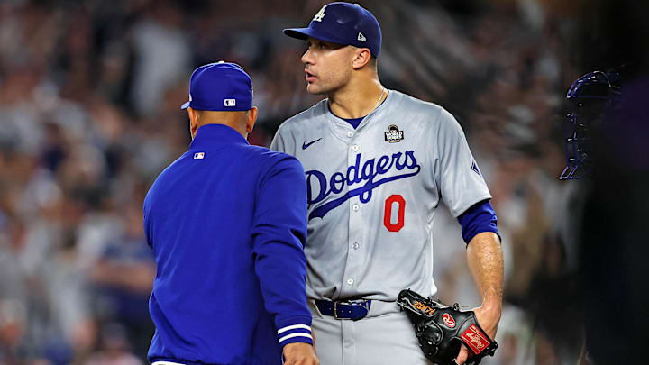 Oct 30, 2024; New York, New York, USA; Los Angeles Dodgers manager Dave Roberts (30) relieves pitcher Jack Flaherty (0) during the second inning against the New York Yankees in game four of the 2024 MLB World Series at Yankee Stadium. Mandatory Credit: Brad Penner-Imagn Images Oct 30, 2024; New York, New York, USA; Los Angeles Dodgers manager Dave Roberts (30) relieves pitcher Jack Flaherty (0) during the second inning against the New York Yankees in game four of the 2024 MLB World Series at Yankee Stadium. Mandatory Credit: Brad Penner-Imagn Images