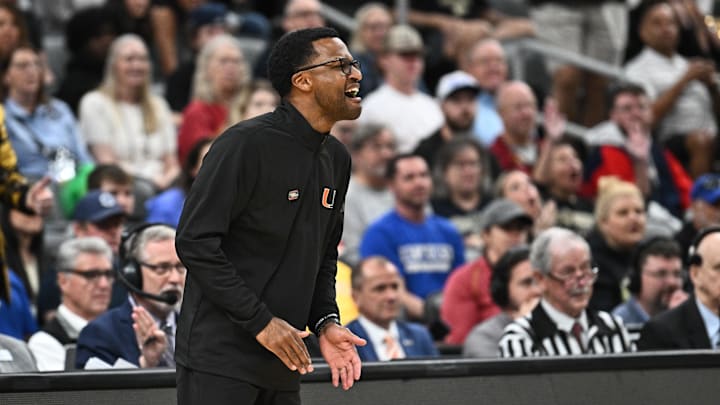 Mar 22, 2026; St. Louis, MO, USA; Miami Hurricanes head coach Jai Lucas calls a play during the second half against the Purdue Boilermakers during a second round game of the men's 2026 NCAA Tournament at Enterprise Center. Mandatory Credit: Jeff Le-Imagn Images