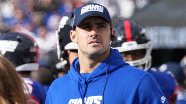 East Rutherford, NJ     October 22, 2023 -- Daniel Jones of the Giants on the sidelines in the second half. The NY Giants host the Washington Commanders at MetLife Stadium in East Rutherford, NJ on October 22, 2023.