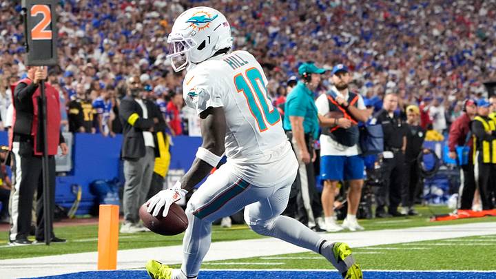 Miami Dolphins wide receiver Tyreek Hill (10) scores a touchdown against the Buffalo Bills in the fourth quarter at Highmark Stadium. Mandatory Credit: Gregory Fisher-Imagn Images Miami Dolphins wide receiver Tyreek Hill (10) scores a touchdown against the Buffalo Bills in the fourth quarter at Highmark Stadium. Mandatory Credit: Gregory Fisher-Imagn Images