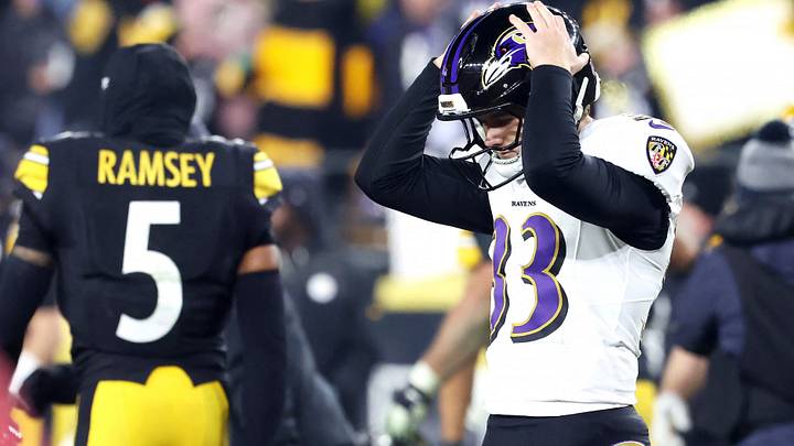 Jan 4, 2026; Pittsburgh, Pennsylvania, USA; Baltimore Ravens place kicker Tyler Loop (33) reacts after missing the game winning field goal against the Pittsburgh Steelers during the second half at Acrisure Stadium. Mandatory Credit: Charles LeClaire-Imagn Images Jan 4, 2026; Pittsburgh, Pennsylvania, USA; Baltimore Ravens place kicker Tyler Loop (33) reacts after missing the game winning field goal against the Pittsburgh Steelers during the second half at Acrisure Stadium. Mandatory Credit: Charles LeClaire-Imagn Images