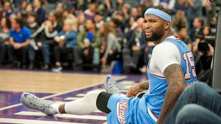 Feb 10, 2017; Sacramento, CA, USA; Sacramento Kings forward DeMarcus Cousins (15) reacts to a call during the second quarter of the game against the Atlanta Hawks at Golden 1 Center. Mandatory Credit: Ed Szczepanski-USA TODAY Sports