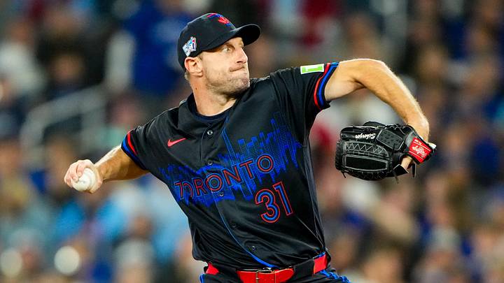 Apr 24, 2026; Toronto, Ontario, CAN; Toronto Blue Jays pitcher Max Scherzer (31) pitches against the Cleveland Guardians at Rogers Centre. Apr 24, 2026; Toronto, Ontario, CAN; Toronto Blue Jays pitcher Max Scherzer (31) pitches against the Cleveland Guardians at Rogers Centre.