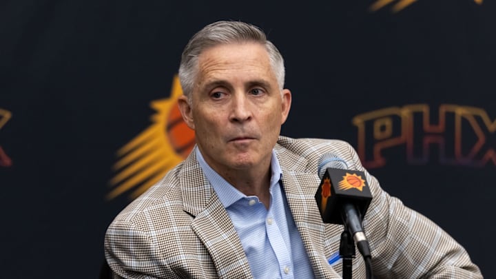 Jun 10, 2025; Scottsdale, AZ, USA; Phoenix Suns general manager Brian Gregory during an introductory press conference at the Verizon 5g Performance Center. Mandatory Credit: Mark J. Rebilas-Imagn Images