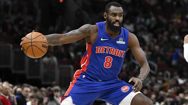 Feb 12, 2025; Chicago, Illinois, USA;  Detroit Pistons forward Tim Hardaway Jr. (8) moves the ball against the Chicago Bulls during the second half at the United Center. Mandatory Credit: Matt Marton-Imagn Images