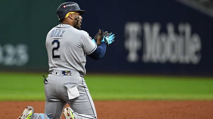 Oct 17, 2026: Tampa Bay Rays designated hitter Yandy Diaz (2) reacts after hitting a double against the Cleveland Guardians during the third inning in game four of the ALCS for the 2026 MLB Playoffs at Progressive Field. Credit: Ken Blaze-Imagn Images