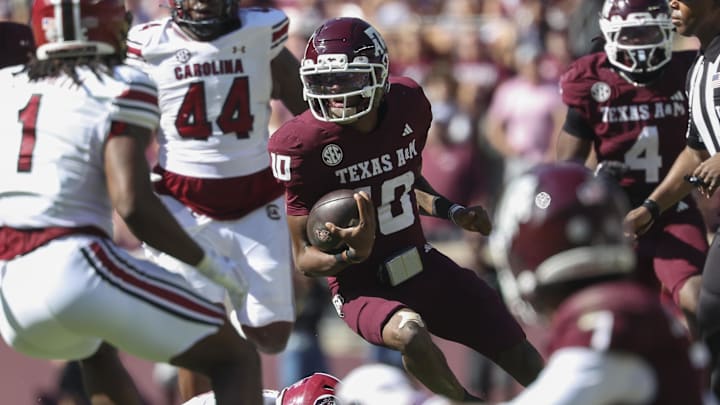 Nov 15, 2025; College Station, Texas, USA; Texas A&M Aggies quarterback Marcel Reed (10) runs with the ball during the third quarter against the South Carolina Gamecocks at Kyle Field. Mandatory Credit: Troy Taormina-Imagn Images Nov 15, 2025; College Station, Texas, USA; Texas A&M Aggies quarterback Marcel Reed (10) runs with the ball during the third quarter against the South Carolina Gamecocks at Kyle Field. Mandatory Credit: Troy Taormina-Imagn Images