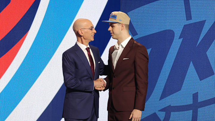 Jun 26, 2024; Brooklyn, NY, USA; Nikola Topic shakes hands with NBA commissioner Adam Silver after being selected in the first round by the Oklahoma City Thunder in the 2024 NBA Draft. at Barclays Center. Mandatory Credit: Brad Penner-Imagn Images Jun 26, 2024; Brooklyn, NY, USA; Nikola Topic shakes hands with NBA commissioner Adam Silver after being selected in the first round by the Oklahoma City Thunder in the 2024 NBA Draft. at Barclays Center. Mandatory Credit: Brad Penner-Imagn Images