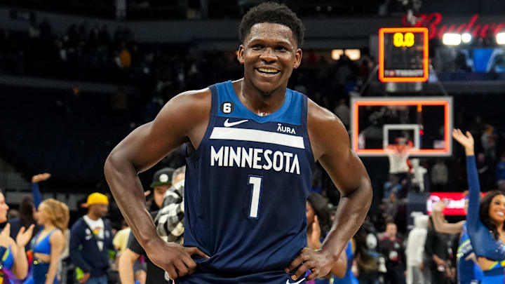 Minnesota Timberwolves guard Anthony Edwards (1) smiles following the game against the Portland Trail Blazers at Target Center.