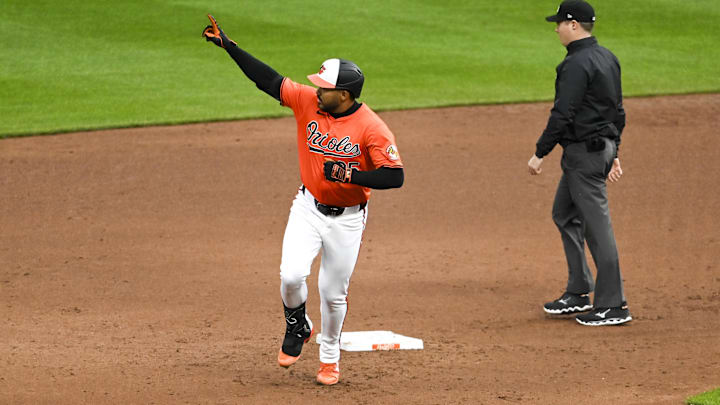 Baltimore, Maryland, USA; Baltimore Orioles right fielder Anthony Santander (25) reacts after hitting a sixth inning home run against the Los Angeles Angels  at Oriole Park at Camden Yards.